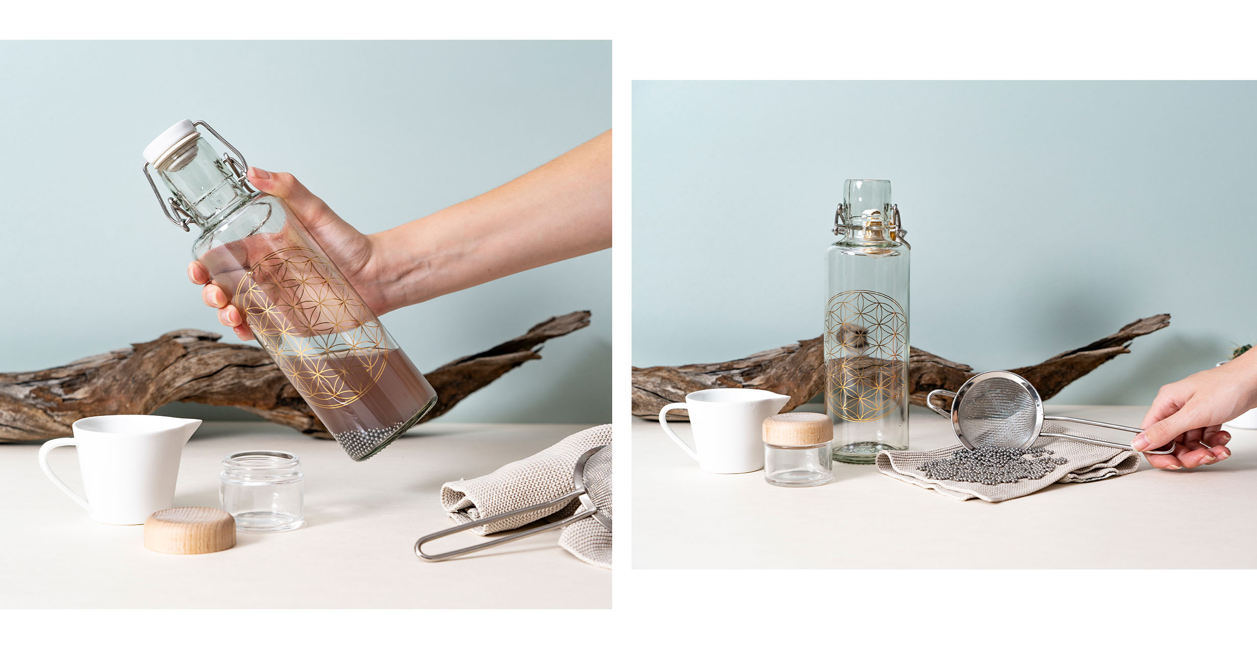 Zwei Bilder die zeigen, wie die Trinkflasche von soulbottles mit Hilfe der Reinigungsperlen gereinigt werden.
