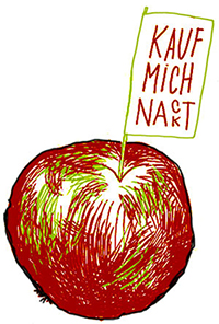 Ein Apfel in dem Schild steckt, das sagt „Kauf mich nackt