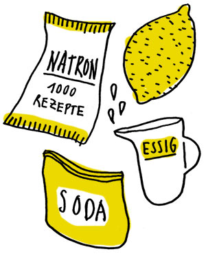 Grafik die Natron, eine Zitrone, Soda und Essig zeigt. Daraus kann ganz als DIY ein umweltfreundliches Reinigungsmittel erstellen.