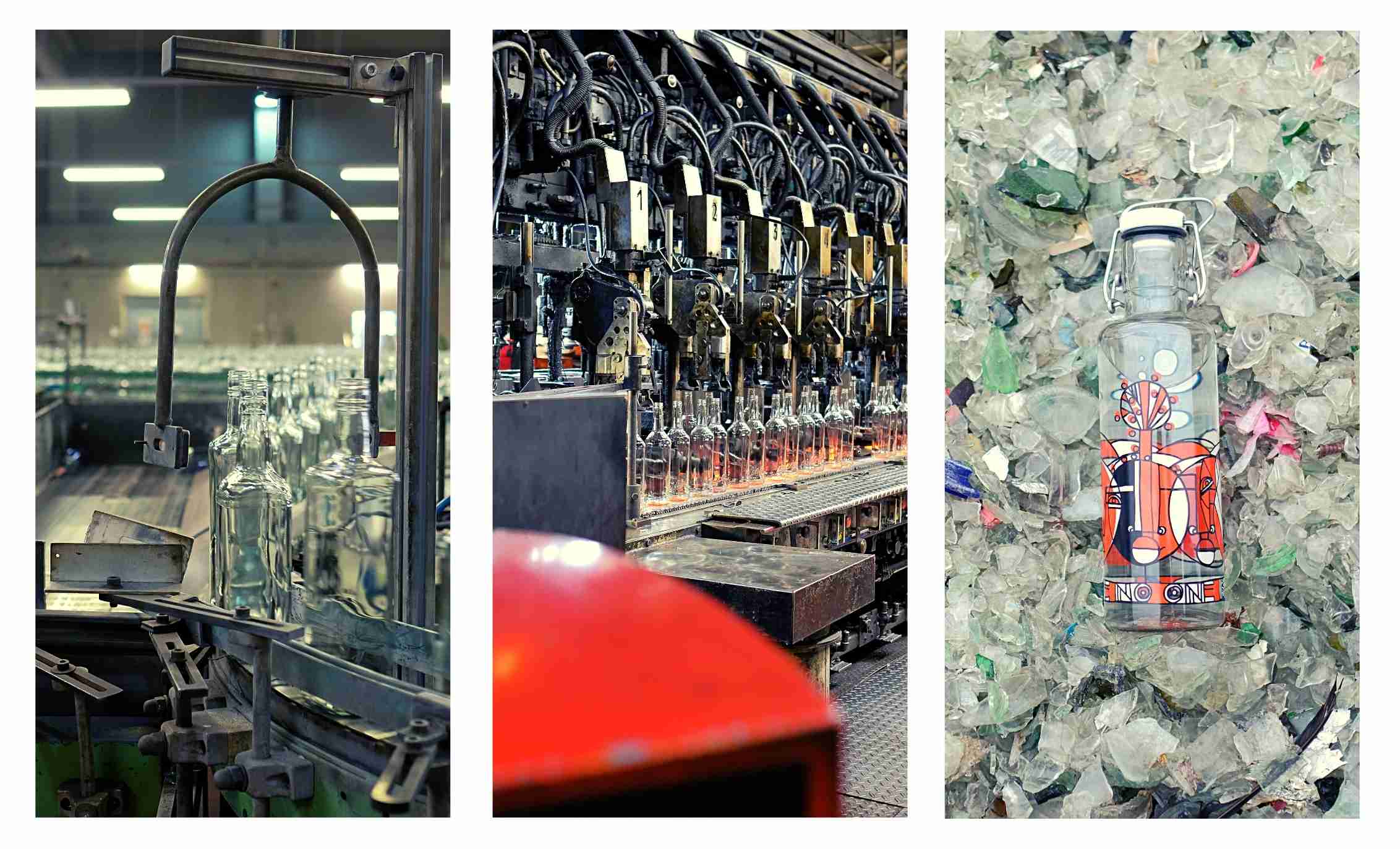 Ups, hier sollte eigentlich ein Bild sein. Darauf sind die einzlenen Schritte des Glasrecycling abgebildet. Ganz rechts ist eine fertige soulbottle auf einem Haufen Altglas.
